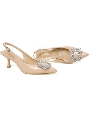 Lucibenita Nude Patent Slingback Kitten Heel with Crystal Buckle